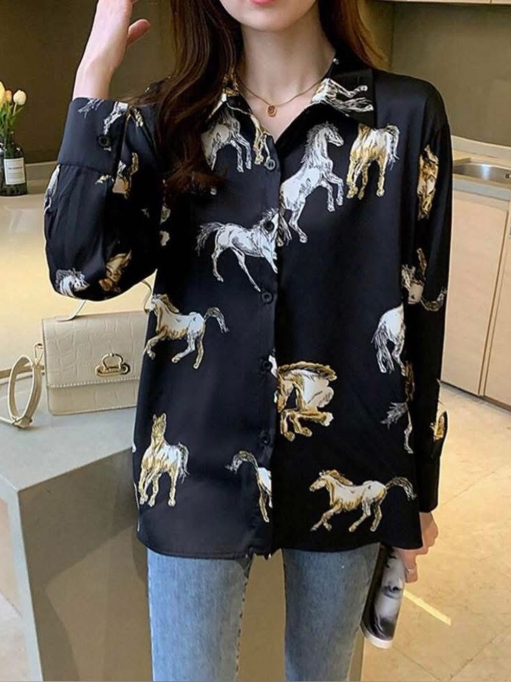 NEW SHEIN Black Button-Down Horse top